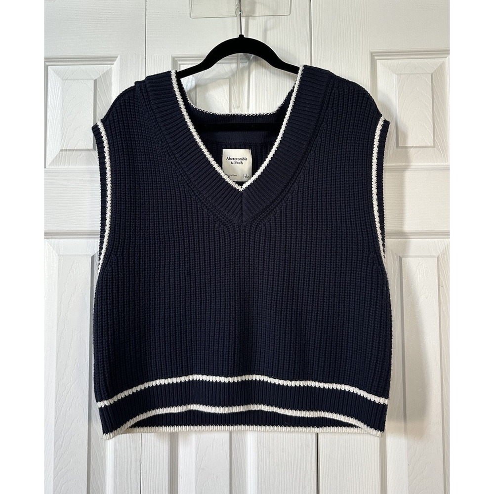 Abercrombie & Fitch Women's Cable-Knit V-Neck Sweater Vest Ribbed Trim L Blue